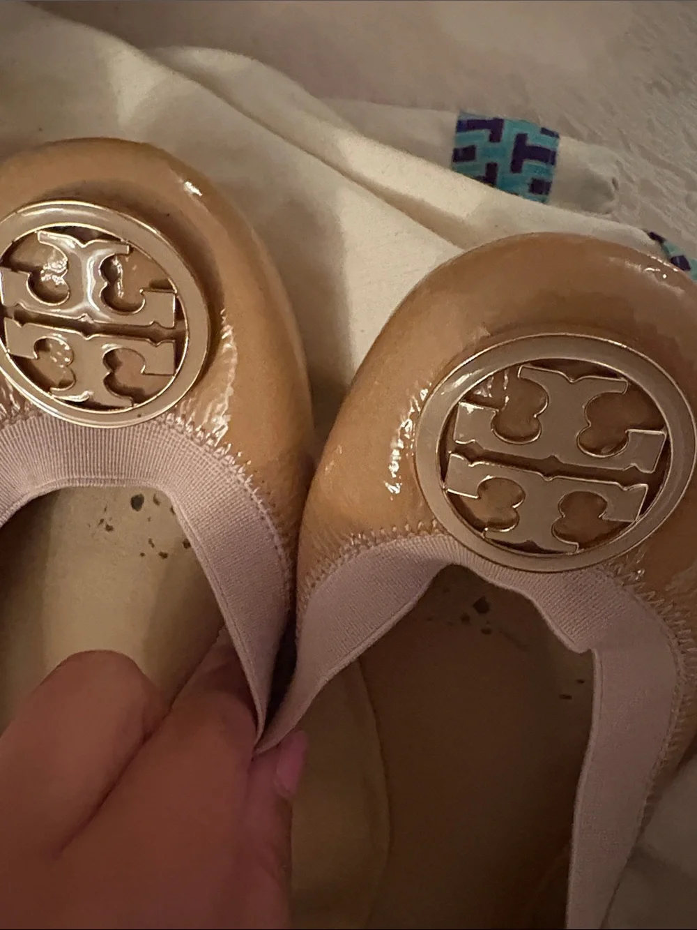 Tory Burch Camel Leather Logo Ballet Flats with Gold Medallion